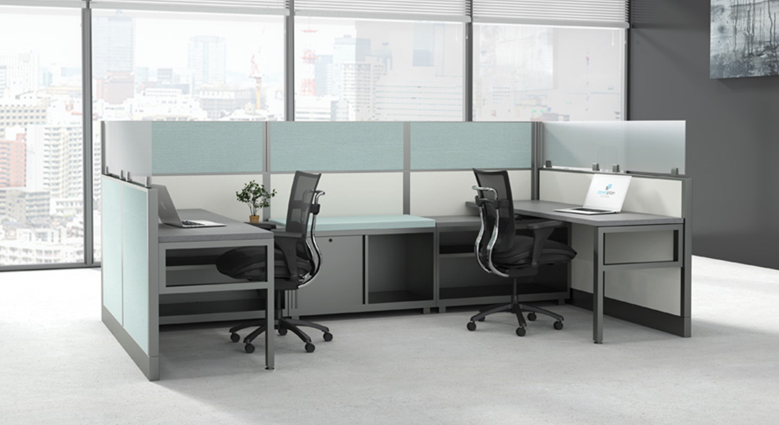 Modern office space co-working cubicle with modular walls, cube storage, and ergonomic chairs