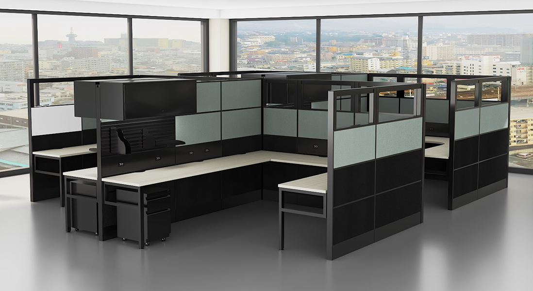 Modern office space private quad cubicle station with modular walls, moveable storage, overhead storage and customizable accessories