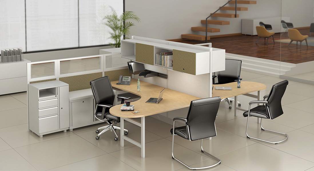 Modern office space cubicle with desk to accommodate meeting clients, modular walls, modular storage, overhead storage, and ergonomic chairs