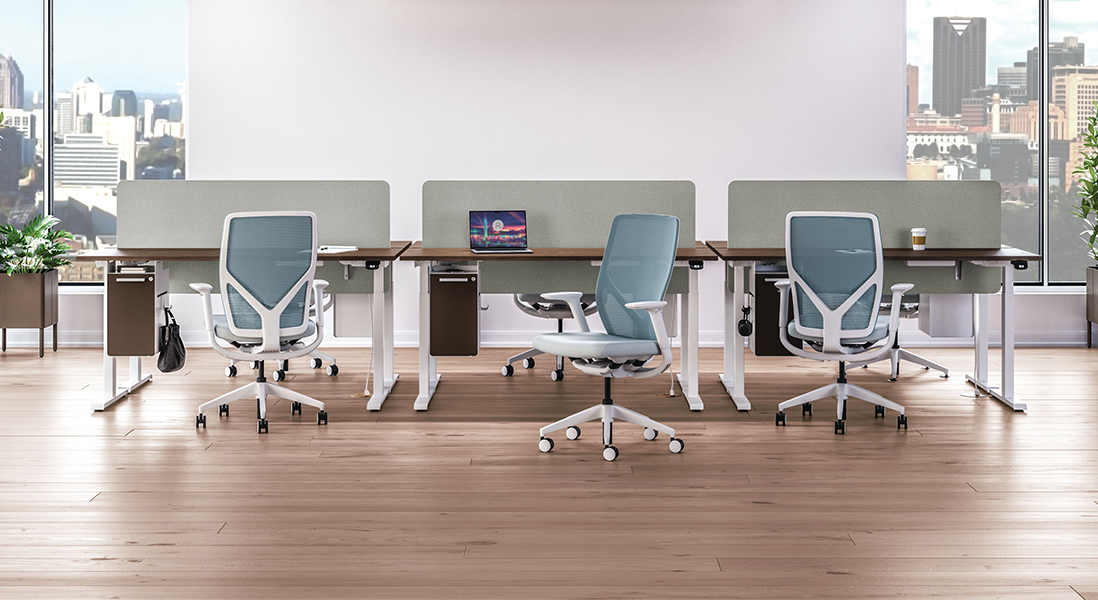 3D rendering of a modern office with six workstations using off-the-floor storage and trendy comfortable rolling chairs