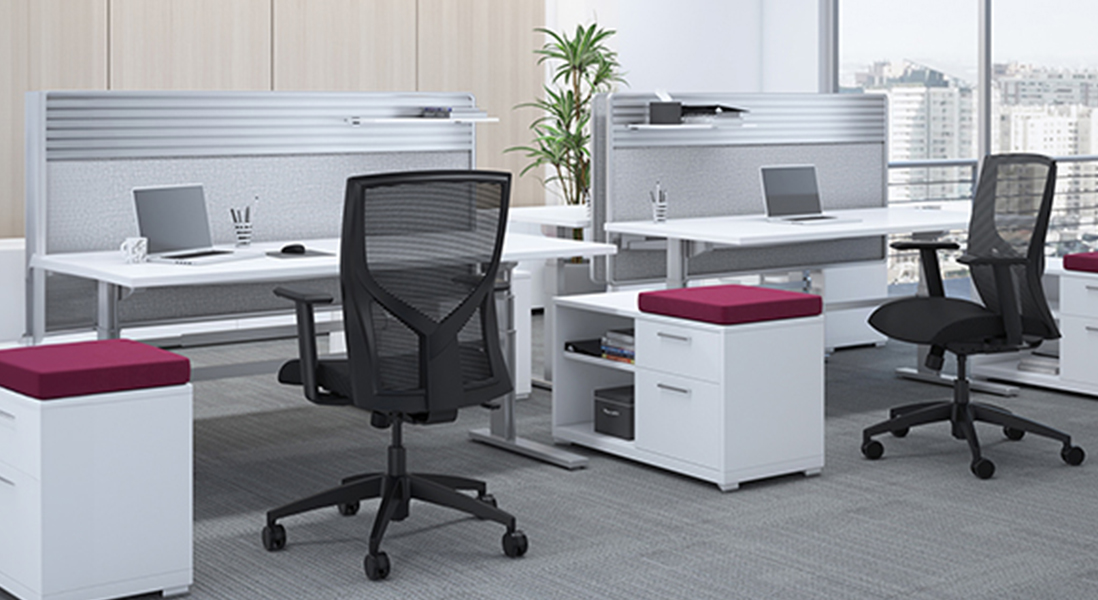 3D Rendering of modern office co-working spaces with versatile storage and seating and modular dividers