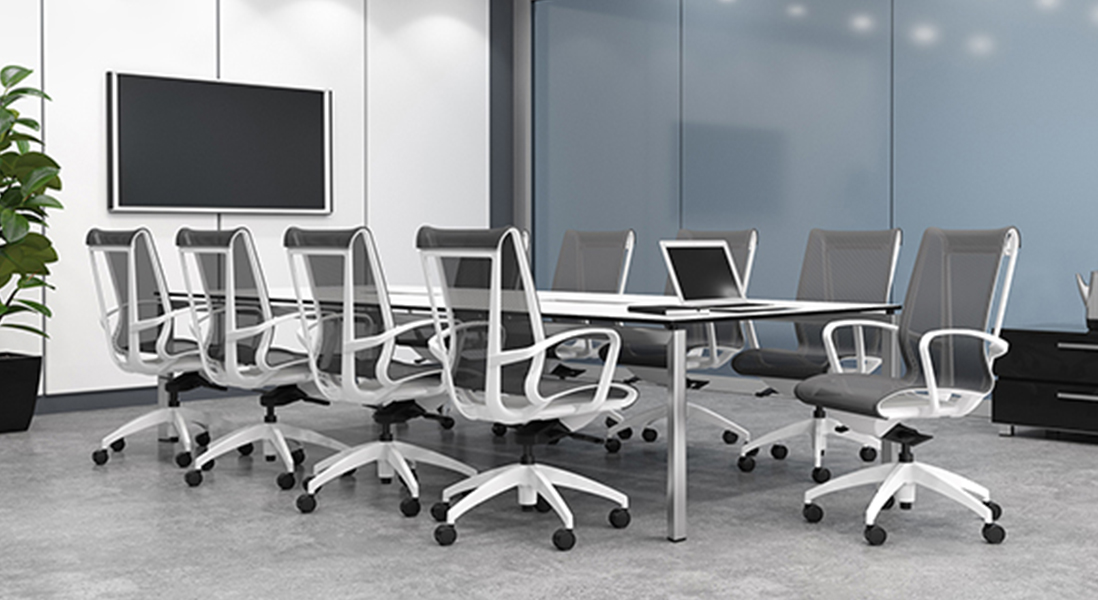 3D Rendering of a modern office conference room with ergonomic chairs