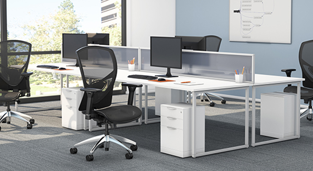 3D Rendering of modern office co-working stations with low dividers and modular storage with basic desk chairs