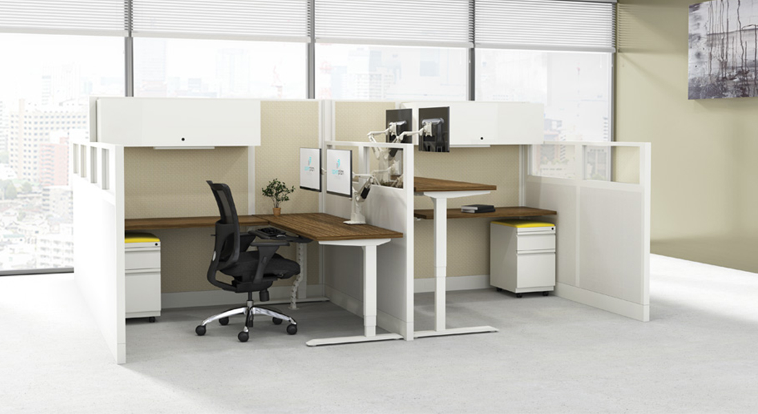 Modern office space private cubicle with modular walls, moveable storage, adjustable height desks and ergonomic chair