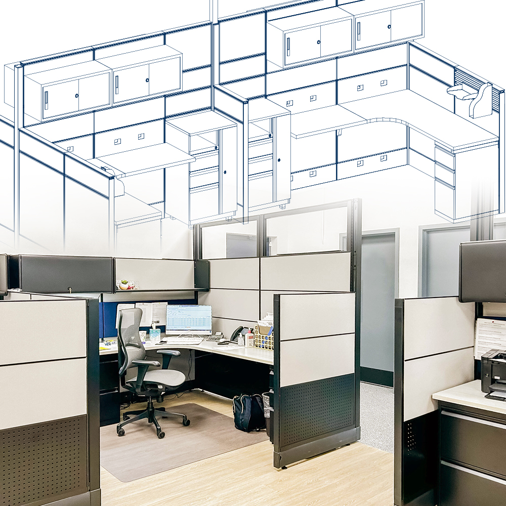 Line drawing of office furniture design and layout overlayed on top of real photo of office cubicles